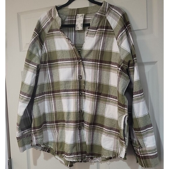 Blu Pepper Tops - Blu Pepper Size XXL Green Plaid Frayed Hem Button Down Shirt/Jacket Pockets